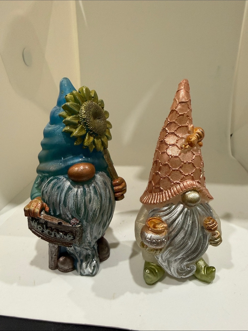 Blue and Rose Gold Garden Gnome Figurine Set